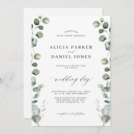 Eucalyptus greenery elegant script bruiloft kaart (Voorkant / Achterkant)