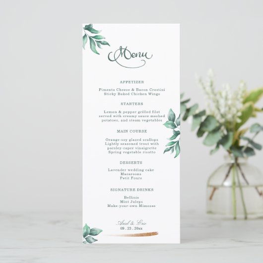 Eucalyptus Greenery Elegant Script Wedding Menu (Staand voorkant)