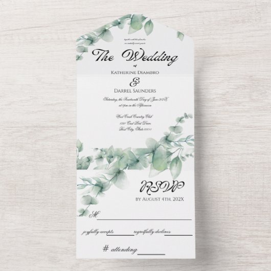 Eucalyptus Greenery Elegant Wedding All In One Uitnodiging (Binnen)