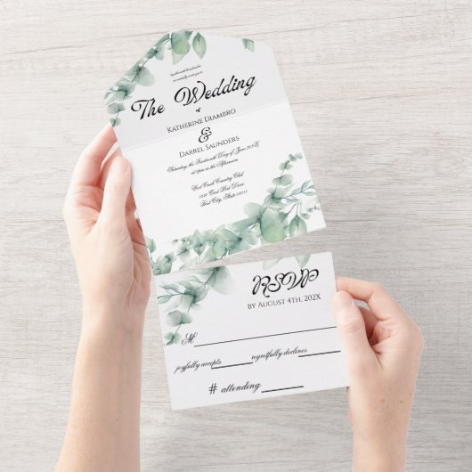 Eucalyptus Greenery Elegant Wedding All In One Uitnodiging (Afscheurbaar)