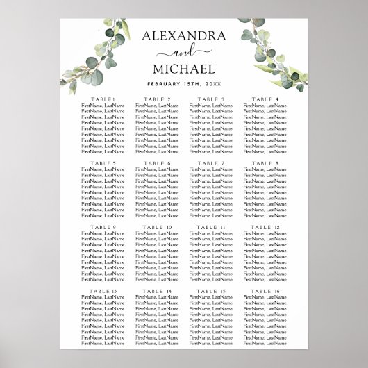 Eucalyptus Greenery Elegant Wedding Seating Poster (Voorkant)