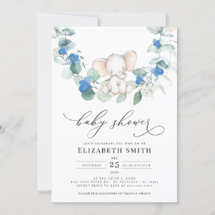 Eucalyptus Greenery Elephant Blue Baby Boy Shower Kaart