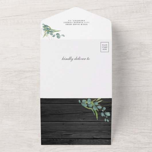 Eucalyptus Greenery Elephant Grey Wood Baby shower All In One Uitnodiging (Buitenkant)