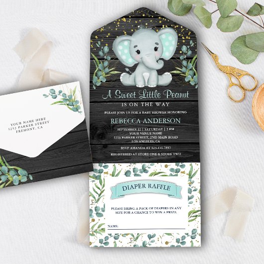 Eucalyptus Greenery Elephant Grey Wood Baby shower All In One Uitnodiging
