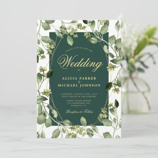 Eucalyptus greenery emerald green gold bruiloft kaart (Staand voorkant)