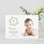 Eucalyptus Greenery en Cross | Baptisemfoto Bedankkaart (Staand voorkant)