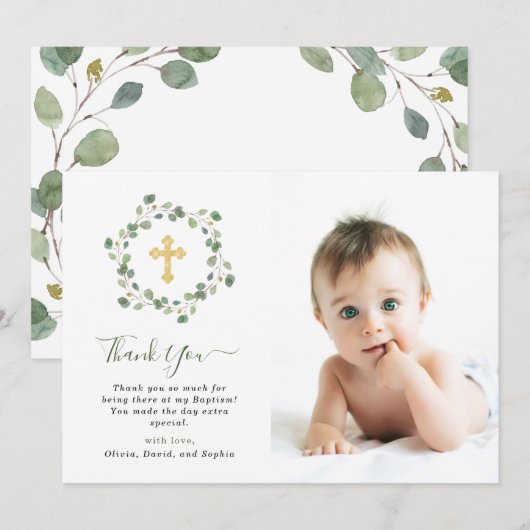 Eucalyptus Greenery en Cross | Baptisemfoto Bedankkaart (Voorkant / Achterkant)