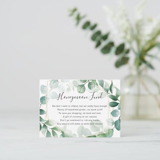 Eucalyptus Greenery en Gold Lijst Honeymoon Fund Informatiekaartje (Staand voorkant)