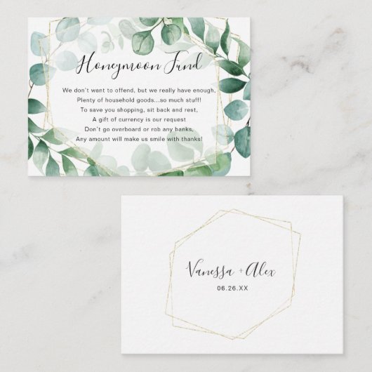 Eucalyptus Greenery en Gold Lijst Honeymoon Fund Informatiekaartje (Voorkant / Achterkant)