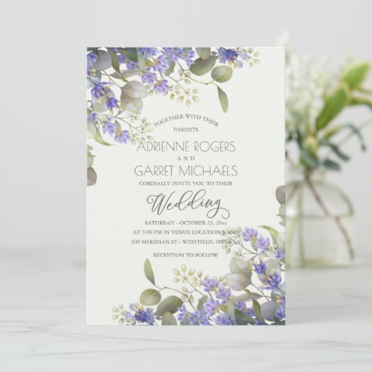 Eucalyptus Greenery en Lavender Wedding Kaart (Staand voorkant)