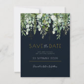 Eucalyptus Greenery en Navy Save the Date nodig (Voorkant)