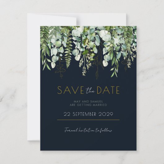Eucalyptus Greenery en Navy Save the Date nodig (Voorkant)