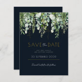 Eucalyptus Greenery en Navy Save the Date nodig (Voorkant / Achterkant)