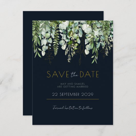 Eucalyptus Greenery en Navy Save the Date nodig (Voorkant / Achterkant)
