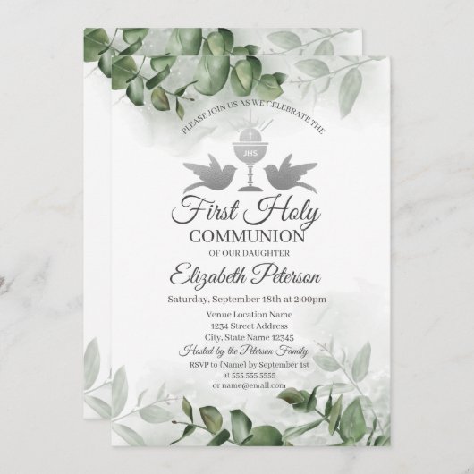 Eucalyptus Greenery First Heilige Communie Kaart (Voorkant / Achterkant)