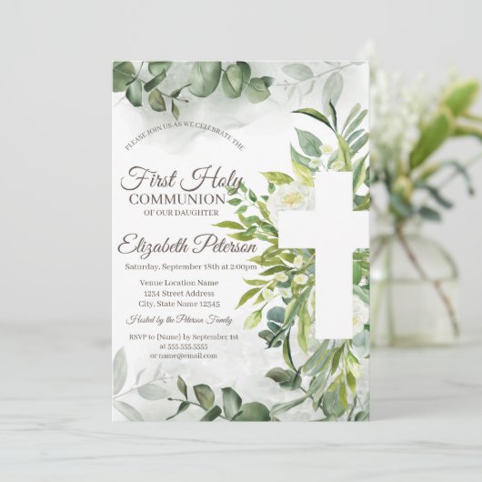 Eucalyptus Greenery First Heilige Communie Kaart (Staand voorkant)