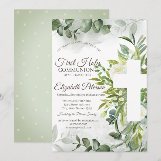 Eucalyptus Greenery First Heilige Communie Kaart (Voorkant / Achterkant)