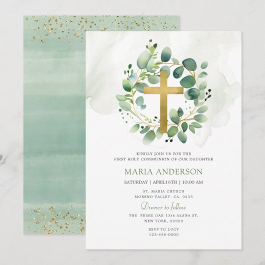 Eucalyptus Greenery First Heilige Communie Kaart (Voorkant / Achterkant)