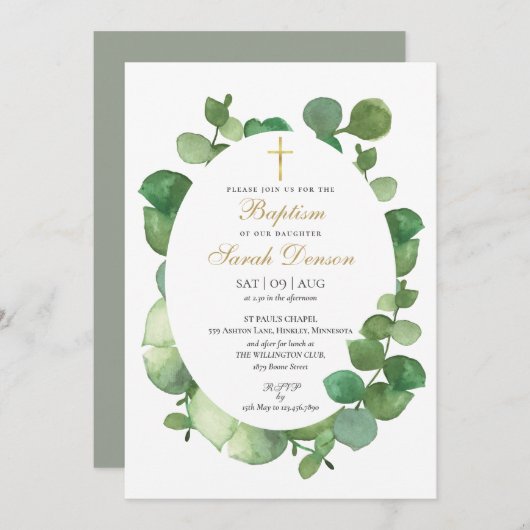 Eucalyptus Greenery Floral Baptism Christening Kaart (Voorkant / Achterkant)