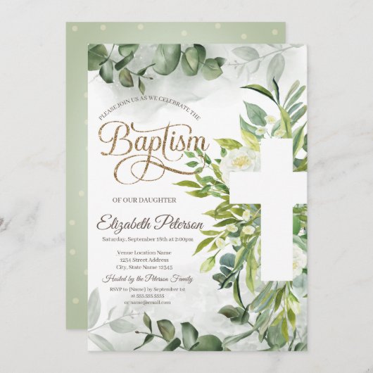 Eucalyptus Greenery Floral Cross Baptisme Kaart (Voorkant / Achterkant)
