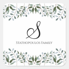 Eucalyptus Greenery Floral Familial Name Vierkante Sticker