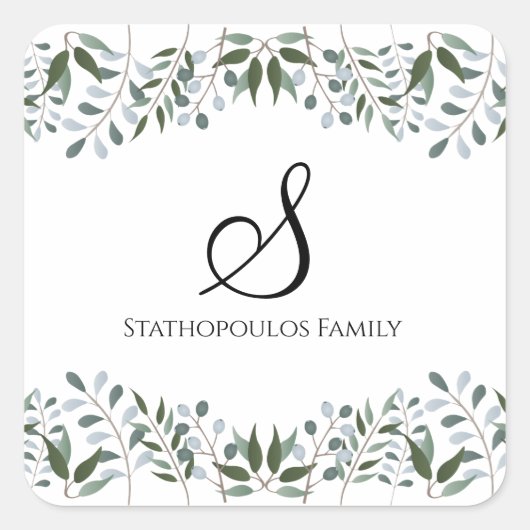 Eucalyptus Greenery Floral Familial Name Vierkante Sticker (Voorkant)