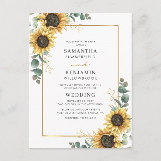 Eucalyptus Greenery Floral Sunflower Wedding Uitnodiging Briefkaart (Voorkant)