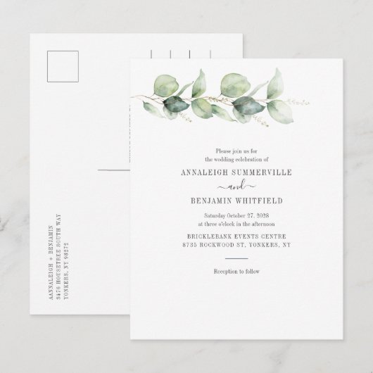 Eucalyptus Greenery Foliage Botanical Wedding Uitnodiging Briefkaart (Voorkant / Achterkant)