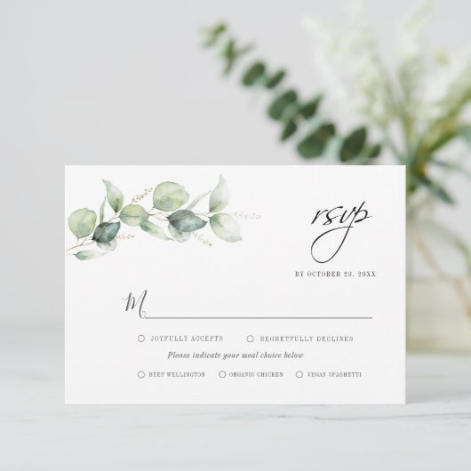 Eucalyptus Greenery Foliage Minimalist Weddenschap RSVP Kaartje (Staand voorkant)