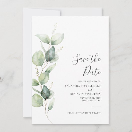 Eucalyptus Greenery Foliage Script Weddenschap Save The Date (Voorkant)