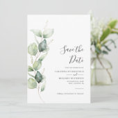 Eucalyptus Greenery Foliage Script Weddenschap Save The Date (Staand voorkant)