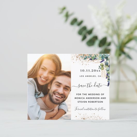 Eucalyptus greenery foto bruiloft Save the Date (Staand voorkant)