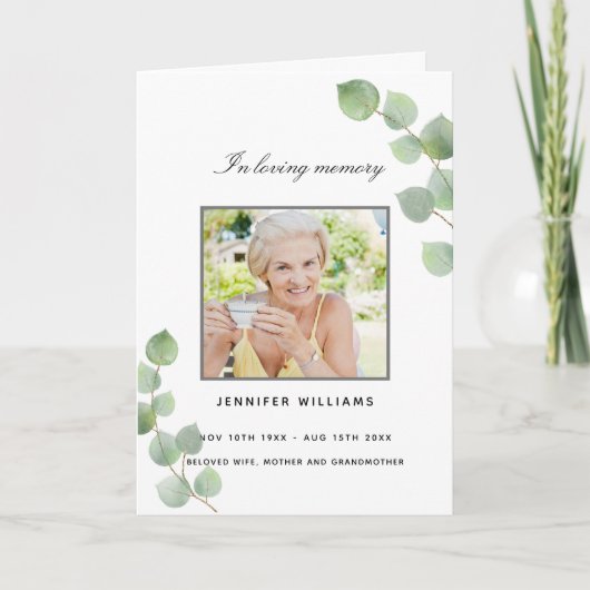 Eucalyptus greenery foto elegant begrafenisprogram bedankkaart (Voorkant)