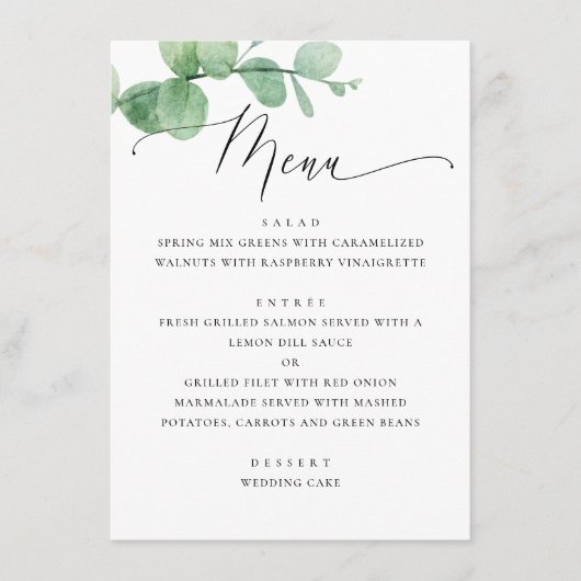 Eucalyptus Greenery Garden Wedding. Elegant Script Menu (Voorkant)