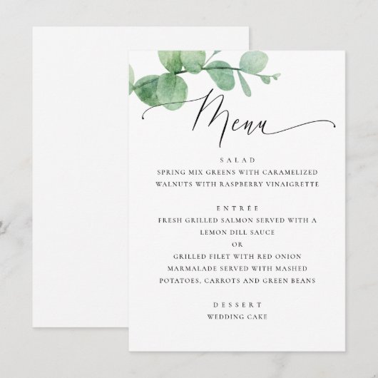 Eucalyptus Greenery Garden Wedding. Elegant Script Menu (Voorkant / Achterkant)