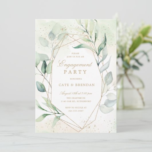 Eucalyptus Greenery Geometric Engagement Party Kaart (Staand voorkant)