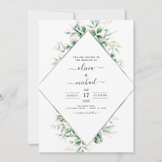 Eucalyptus Greenery Geometric Gold Foil Wedding Kaart (Voorkant)