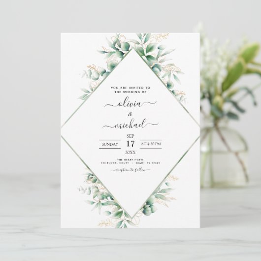 Eucalyptus Greenery Geometric Gold Foil Wedding Kaart (Staand voorkant)