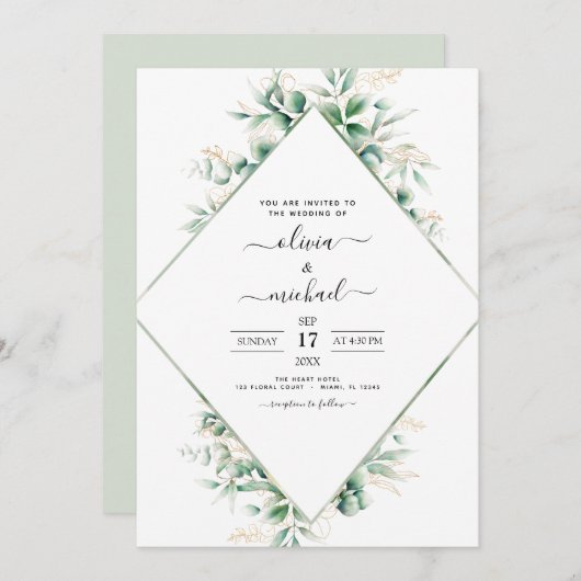 Eucalyptus Greenery Geometric Gold Foil Wedding Kaart (Voorkant / Achterkant)