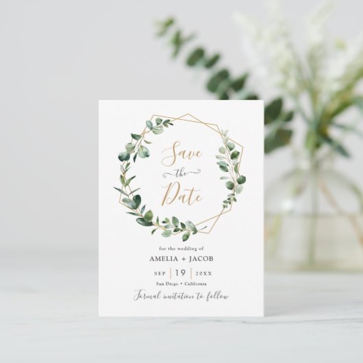 Eucalyptus Greenery Geometric Lijst Save the Date Briefkaart (Staand voorkant)