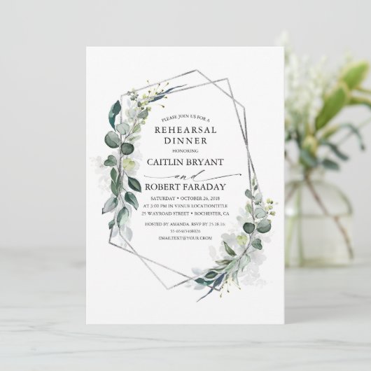 Eucalyptus Greenery Geometric Rehearsal Dinner Kaart (Staand voorkant)