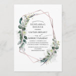 Eucalyptus Greenery Geometric Rehearsal Dinner Kaart<br><div class="desc">Geometrisch roos gouden lijst en weelderige waterverf botanische eucalyptus groen elegante repetitie diner uitnodigingen.</div>