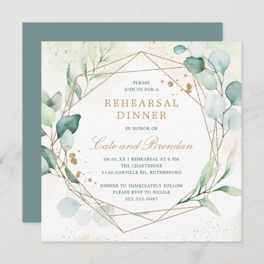 Eucalyptus Greenery Geometric Rehearsal Dinner Kaart (Voorkant / Achterkant)