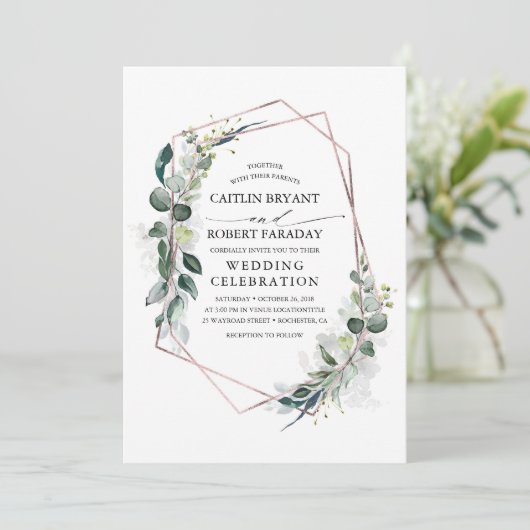 Eucalyptus Greenery Geometric Roos Gold Wedding Kaart (Staand voorkant)
