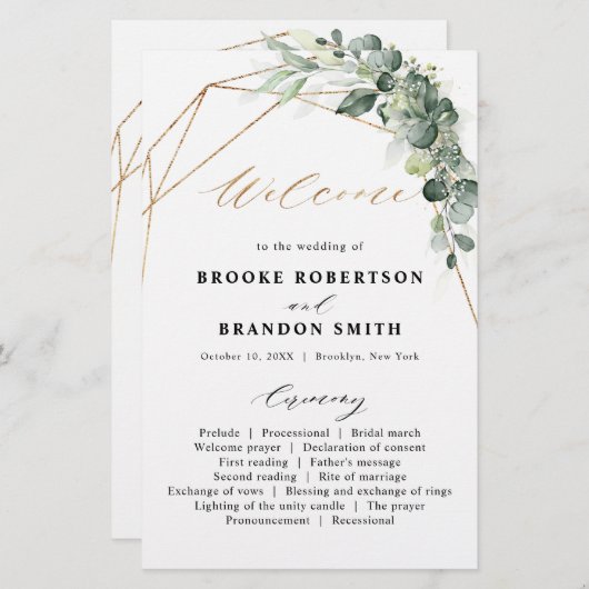 Eucalyptus Greenery Geometric Wedding Programme (Voorkant / Achterkant)