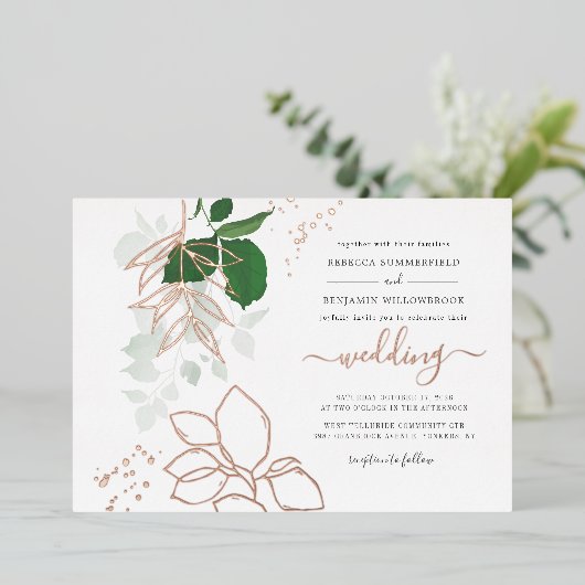 Eucalyptus Greenery Geometric Wedding Roos Gold Folie Uitnodiging (Staand Voorkant)