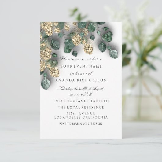 Eucalyptus Greenery Glitter Gold Foils White Kaart (Staand voorkant)