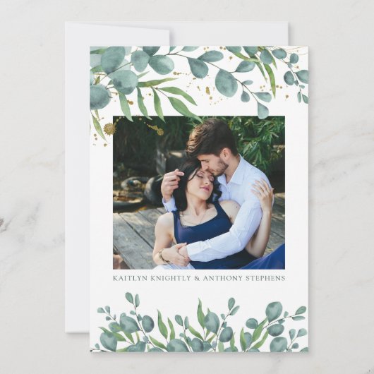 Eucalyptus Greenery Gold 4 Foto bewaart datum Save The Date (Achterkant)