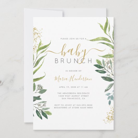 Eucalyptus Greenery & Gold Baby shower Brunch Kaart (Voorkant)