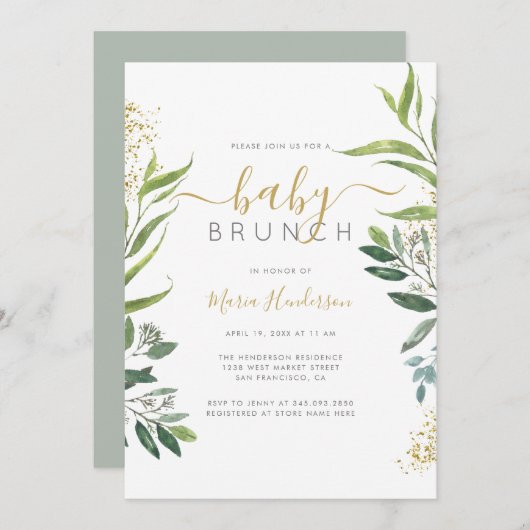 Eucalyptus Greenery & Gold Baby shower Brunch Kaart (Voorkant / Achterkant)